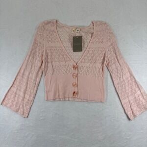 Moth Anthropologie Pink Rose Pointelle Cropped Cardigan Bell Sleeve Size M NEW